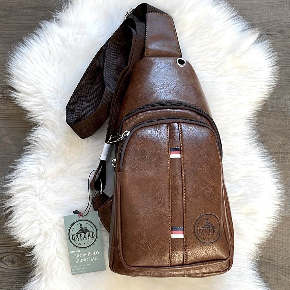 Oxford Station Vintage Style Unisex Crossbody Sling Bag Brown Vegan Leather - Picture 4 of 13